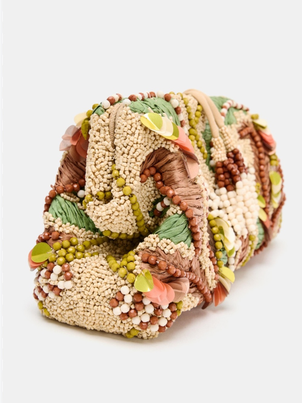 Zara Beaded Clutch in Cream, Green & Coral Accents